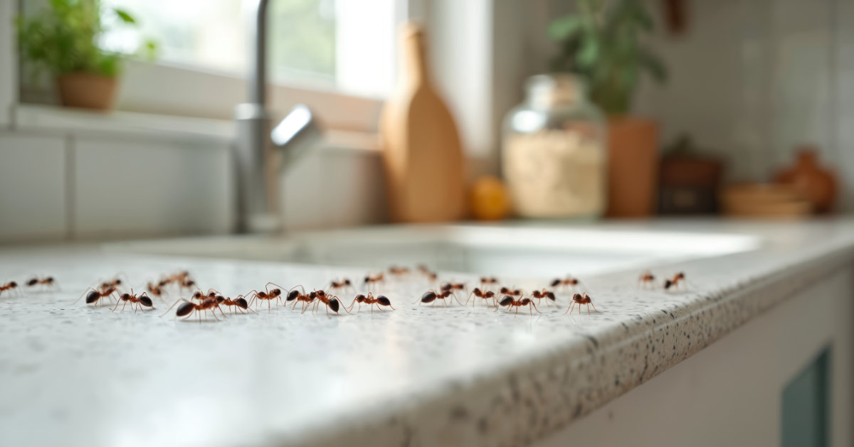 Close-up of ants forming a trail on a kitchen counter