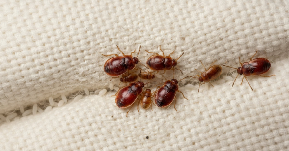 Close-up of bed bugs on mattress seams