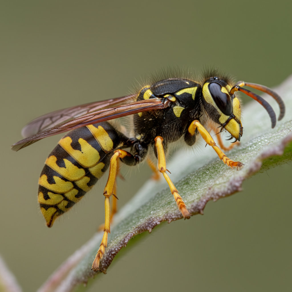 Close-up of a wasp showing body structure and wings
